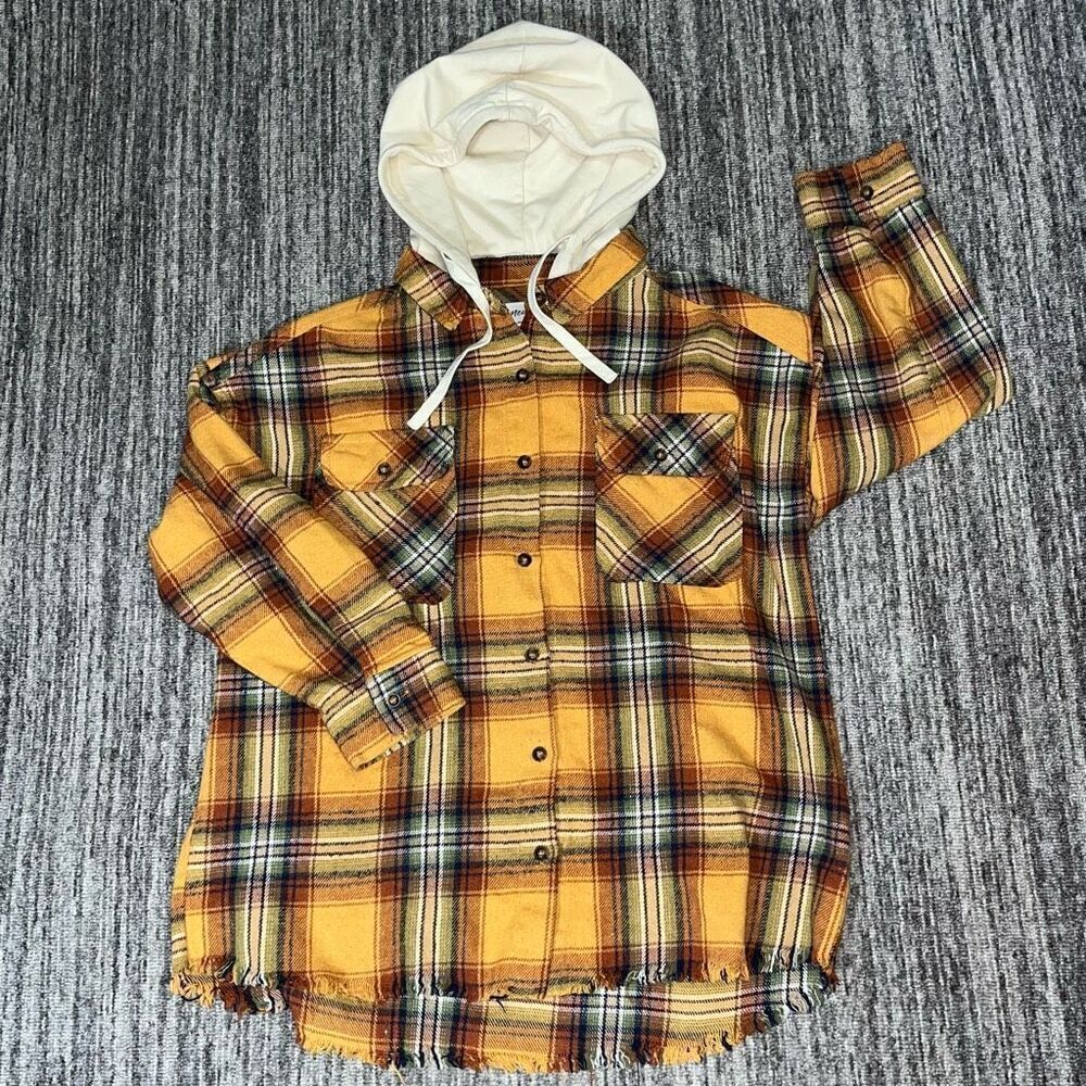 Womens Size Small Oversized Hooded Shacket Button Front Shirt Gold Brown Plaid‎